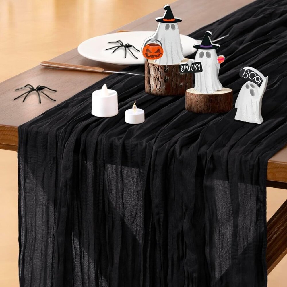 Black Halloween Table Runner Boho Rustic Gauze Fall Thanksgiving 120 inch 10FT C